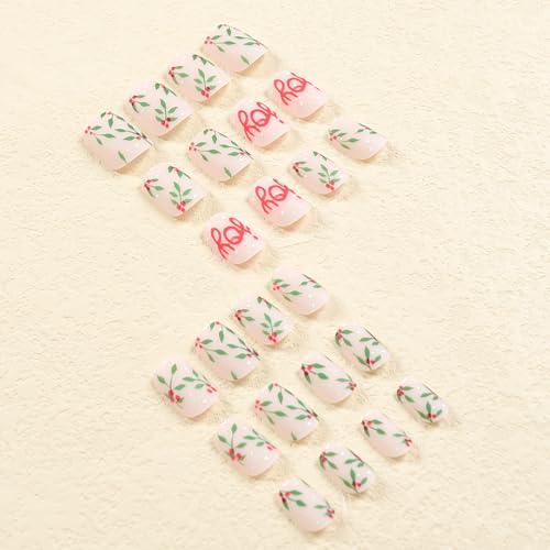Press on Nails Christmas False Nails Short Square Stick on Nails Full Cover Matte Acrylic Nails with Snow Leaf Letter Designs Stick on Nails Natural Artificial for Women and Girls 24 PCS Manicure - Image 3