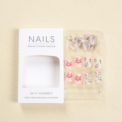 Press on Nails Christmas False Nails Short Square Stick on Nails Full Cover Matte Acrylic Nails with Snow Leaf Letter Designs Stick on Nails Natural Artificial for Women and Girls 24 PCS Manicure - Image 4