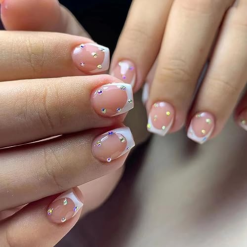 Press on Nails Extra Short Square MABKJLF French Tip Fake Nails White Full Cover Glue on Nails Rhinestones False Nails Acrylic Press on Nails Stick on Nails Artificial Nails for Women Girls 24 Pcs