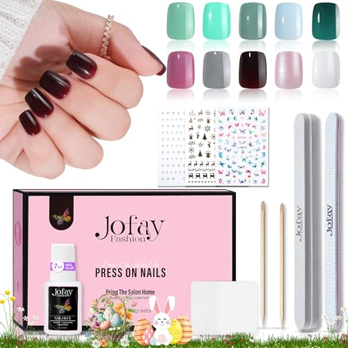 Press on Nails, Jofay Fashion False Nails Tips - Acrylic Nail Tips 10 Pack 240Pcs Nails Press on Acrylic nails Kit Green&Pink Glitter&White Solid Color Artificial False Nails With Nail 7ML Glue