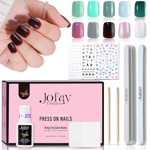 Press on Nails, Jofay Fashion False Nails Tips - Acrylic Nail Tips 10 Pack 240Pcs Nails Press on Acrylic nails Kit Green&Pink Glitter&White Solid Color Artificial False Nails With Nail 7ML Glue - Image 8