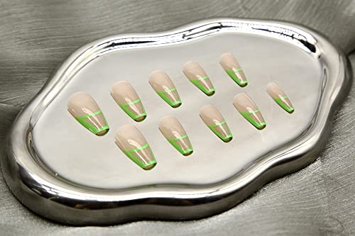 Press On Nails-Lime Fantasticlady,summer Medium,Coffin,Green Wavy Design,Green Swirls,Ballerina,Acrylic,Full Cover Glossy Reusable False Nails for Women & Girls 24pcs - Image 2