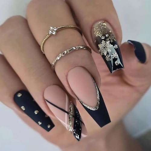 Press on Nails Long Coffin False Fake Nails Medium with Nude Black Design French Tip Glue on Nails Thick Glossy Acrylic Full Cover Stick on Nails for Women 24Pcs WM-78