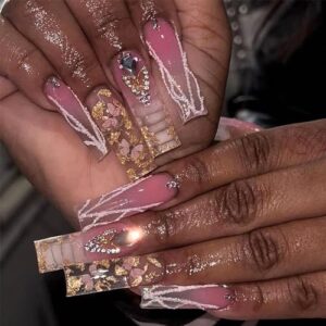 Press on Nails Long Coffin French Tips Gold Glitter Fake Nails with 3D Butterlfy Design Gel Glue on Nails for Women Girls Acrylic False Stick on Nail Manicure Decorations for Wedding 24Pcs
