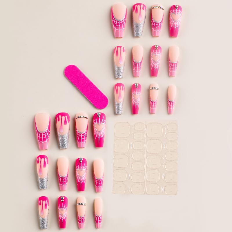 Press On Nails Long Coffin Pink Silver Heart Spider Fake Nails Acrylic False Nail Tips Kit Glue on Nails for Women - Image 2
