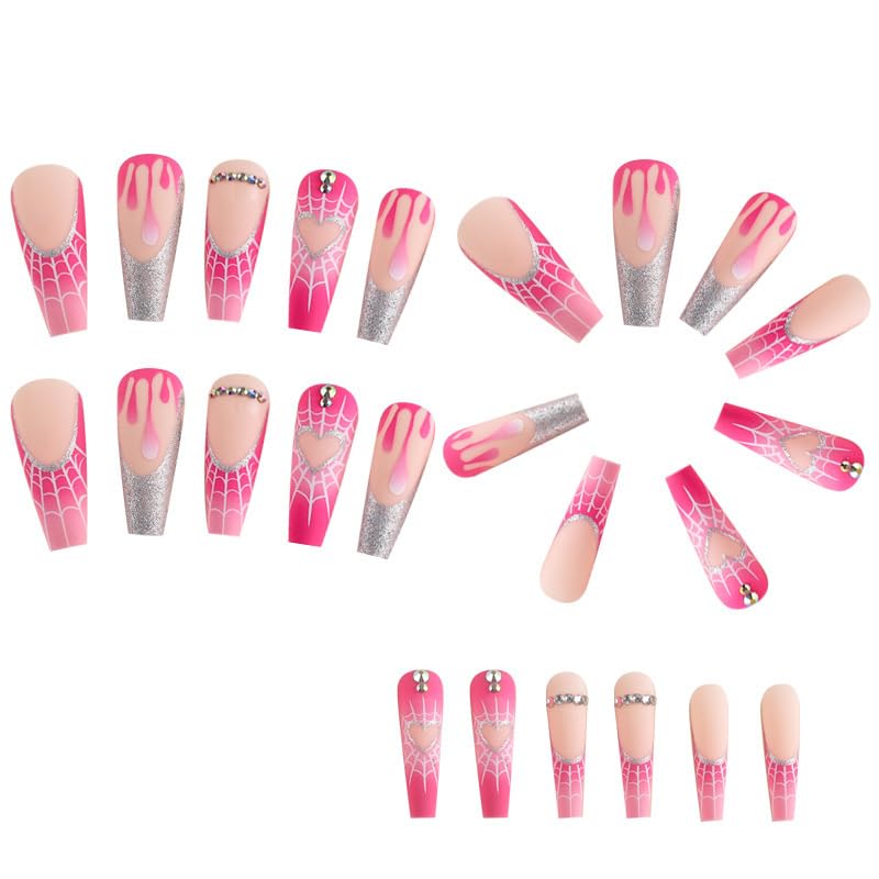 Press On Nails Long Coffin Pink Silver Heart Spider Fake Nails Acrylic False Nail Tips Kit Glue on Nails for Women - Image 3