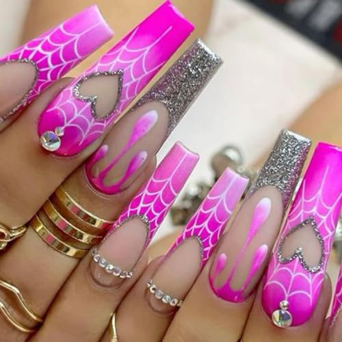 Press On Nails Long Coffin Pink Silver Heart Spider Fake Nails Acrylic False Nail Tips Kit Glue on Nails for Women