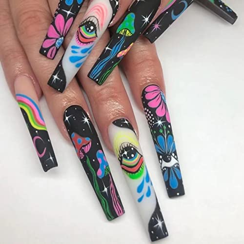 Long Coffin Flower Pattern Press On Nails 24 Piece Full Cover for Women