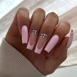 Press on Nails Long Coffin Summer French Tip Fake Nails Pink Full Cover False Nails with Pink Rhinestones Designs Glossy Stick on Nails Artificial Nails for Women Girls 24 Pcs