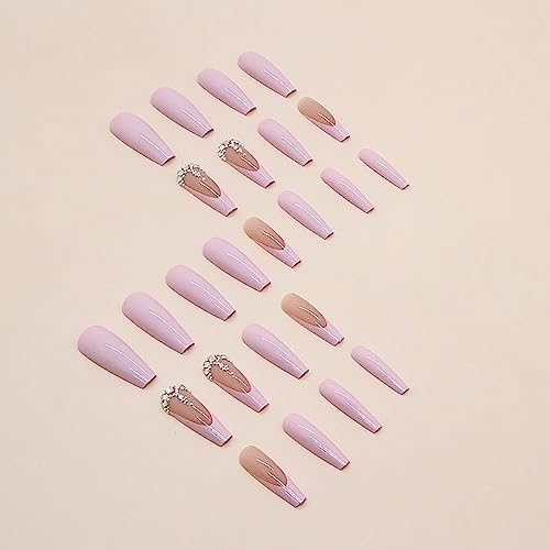 Press on Nails Long Coffin Summer French Tip Fake Nails Pink Full Cover False Nails with Pink Rhinestones Designs Glossy Stick on Nails Artificial Nails for Women Girls 24 Pcs - Image 4