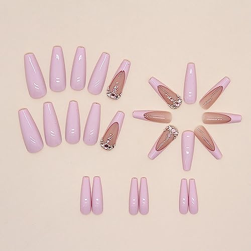 Press on Nails Long Coffin Summer French Tip Fake Nails Pink Full Cover False Nails with Pink Rhinestones Designs Glossy Stick on Nails Artificial Nails for Women Girls 24 Pcs - Image 3