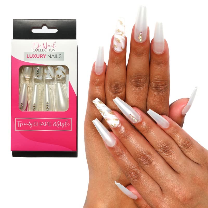 Press on Nails Long, Fake Nails for Women, 24 Piece Acrylic Nail Kit with Glue, Glue Stickers, Nail File & Cuticle Stick (Ivory Gold)