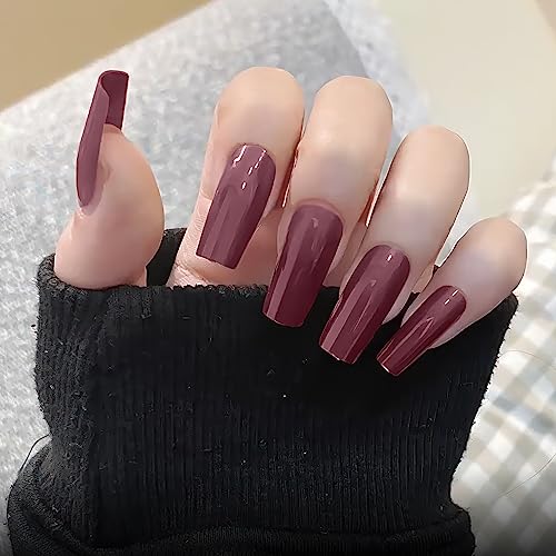 Press on Nails Long Square Fake Nails Nude Acrylic Nails with Glue Glossy Stick on Nails Solid Color Square Glue on Nails Reusable Artificial Nails for Women Girls DIY Manicure Art