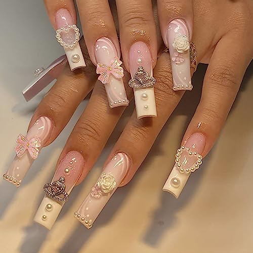 Press on Nails Long Square MABKJLF French Fake Nails Full Cover False Nails with Flower Heart Charm Designs Rhinestones Glossy Glue on Nails Artificial Acrylic Nails for Women Girls 24 Pcs