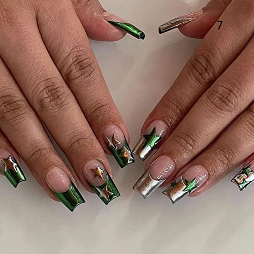Press on Nails Long Square Sliver French Tip Fake Nails Glitter Full Cover False Nails with Green Stars Designs Glossy False Nails with Nail Glue Artificial Acrylic Nails for Women Girls 24 Pcs
