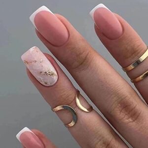 Press On Nails Long,Nude White Border Fake Nails ，Acrylic French Nail Art Marble Full Cover Stick On Nails for Women and Girl Nail Kit(24 PCS)