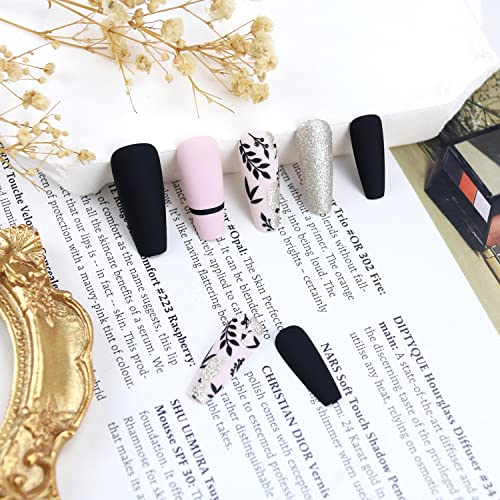 Press on Nails Medium Acrylic Fake Nails Black Leaves Gold Glitter Nail Tip Nail Design False Nails Acrylic Black Stick on Nails for Women for Nail Art Nail Art Decorations 24PCS - Image 4