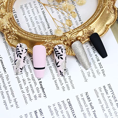 Press on Nails Medium Acrylic Fake Nails Black Leaves Gold Glitter Nail Tip Nail Design False Nails Acrylic Black Stick on Nails for Women for Nail Art Nail Art Decorations 24PCS - Image 5