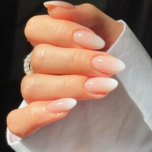 Press on Nails Medium, Almond Fake Nails with Glue, Pink White Gradient False Nails with Designs, Acrylic Ombre French Tip Glue on Nails for Women