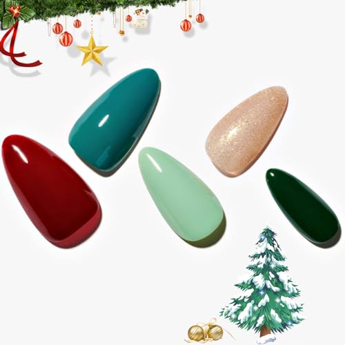 Press on Nails Medium Almond, GLAMERMAID Handmade Light Green Dark Red Glue on Nails, 24Pcs Black Short Stiletto Acrylic False Nails Kit Reusable UV Full Cover Stick on Nail for Women Gift