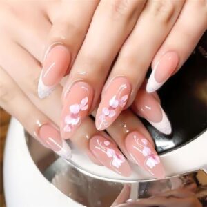 Press on Nails Medium Almond Nails press ons Glossy Fake Nails Pink False Nails with French Glitter And Cherry blossoms Designs Acrylic Nails Full Cover Stick on Nails for Women Girls 24Pcs