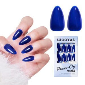 Press on Nails Medium, Blue Nails Handmade Almond Fake Nails Reusable, Non-breakable Fit Perfectly Glue On Nails Glossy in 12 Sizes-24 Pcs Salon Quality Soft Gel Nail Kit, mothers day gifts
