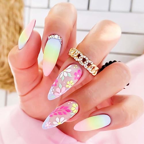 Press on Nails Medium Length Colorful Ombre Fake Nails with Floral Designs Almond False Nails with Glue and Adhesive Tabs，Matte Acrylic Artificial Nails for Women Girls 24pcs