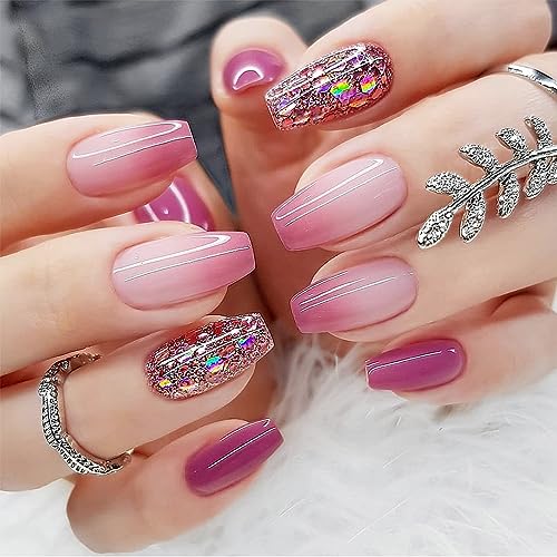 Press on Nails Medium Length Fake Nails Coffin French with Pink and Purple Gradient Tips Glitter Crushed Flower Pattern Designs Full Cover on Nails Beautiful Acrylic Nails for Women and Girls 24 Pcs