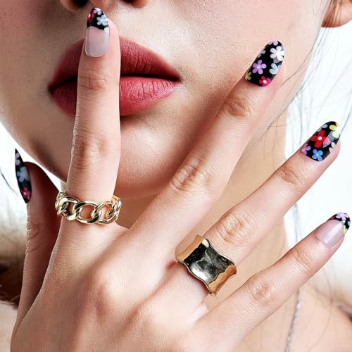 Press on Nails Medium Oval, GLAMERMAID Black Flower French Tip Glue on Gel Nails, 24Pcs Short Oval Acrylic False Nails Kits Reusable UV Finish Full Cover Stick on Nail for Women Gifts - Image 3
