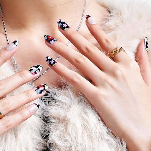 Press on Nails Medium Oval, GLAMERMAID Black Flower French Tip Glue on Gel Nails, 24Pcs Short Oval Acrylic False Nails Kits Reusable UV Finish Full Cover Stick on Nail for Women Gifts - Image 5
