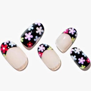 Press on Nails Medium Oval, GLAMERMAID Black Flower French Tip Glue on Gel Nails, 24Pcs Short Oval Acrylic False Nails Kits Reusable UV Finish Full Cover Stick on Nail for Women Gifts