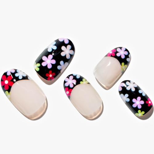 Press on Nails Medium Oval, GLAMERMAID Black Flower French Tip Glue on Gel Nails, 24Pcs Short Oval Acrylic False Nails Kits Reusable UV Finish Full Cover Stick on Nail for Women Gifts