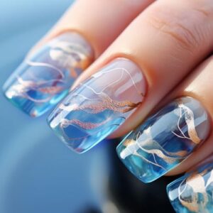 Press on Nails Medium Square Fake Nails Blue Gradient Full Cover Gold Swirl False Nails with Gold Foil Designs Full Cover Acrylic Nails Natural Transparent Artificial Nails for Women and Girls 24Pcs