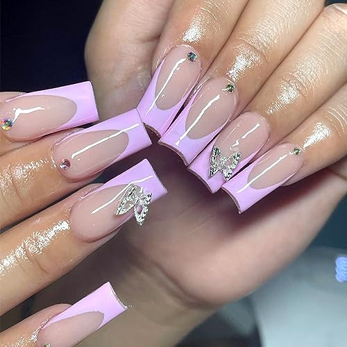 Press on Nails Nude Purple Long Fake Nails French Tips Kit Nails with 3D Butterfly Rhinestones Glossy Designs Artificial Nails Fashion Party Style for Women and Girls 24 Pcs