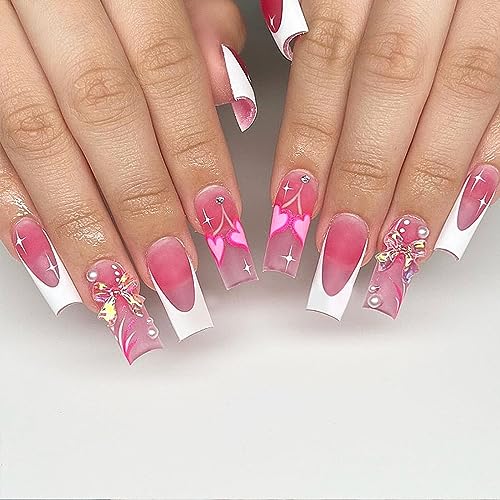 Press on Nails Pink Long Coffin Fake Nails White French Tips with 3D Butterfly Rhinestones Pearl Heart Designs Barbie Nails Acrylic Nails DIY Decorations for Women and Girls 24 PCS