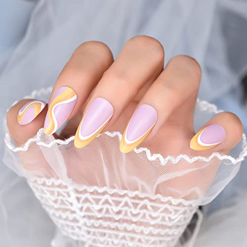 Press On Nails Purple Pink French False Nails Matte Almond Medium Length Acrylic Nail Art Tips Salon DIY Manicure Reusable Yellow Ripple Stick On Fake Nails for Daily Office Home Party