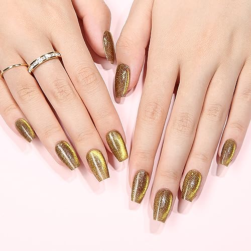 Press On Nails Reusable Handmade CatEye Sparkle Manicure Glitter Effect Custom Nail Medium Coffin Retro Green 10Pics With Professional Nail Kit (M) - Image 5