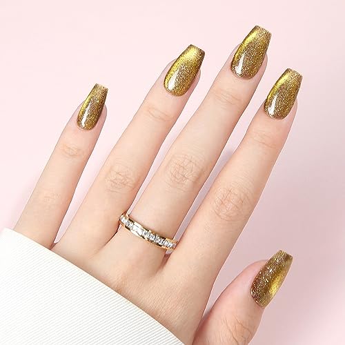 Press On Nails Reusable Handmade CatEye Sparkle Manicure Glitter Effect Custom Nail Medium Coffin Retro Green 10Pics With Professional Nail Kit (M)