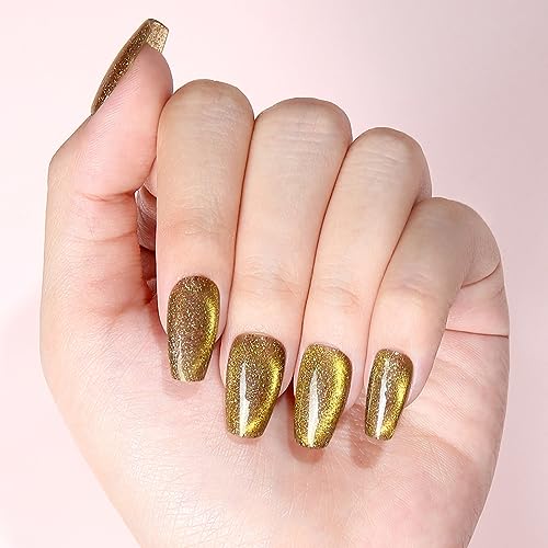 Press On Nails Reusable Handmade CatEye Sparkle Manicure Glitter Effect Custom Nail Medium Coffin Retro Green 10Pics With Professional Nail Kit (M) - Image 2