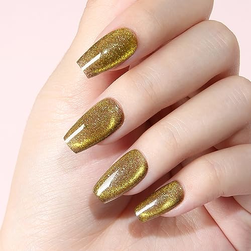 Press On Nails Reusable Handmade CatEye Sparkle Manicure Glitter Effect Custom Nail Medium Coffin Retro Green 10Pics With Professional Nail Kit (M) - Image 6