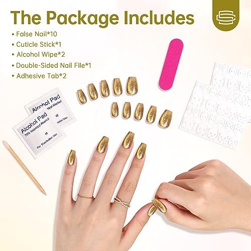 Press On Nails Reusable Handmade CatEye Sparkle Manicure Glitter Effect Custom Nail Medium Coffin Retro Green 10Pics With Professional Nail Kit (M) - Image 7