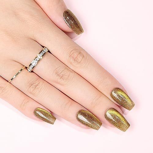 Press On Nails Reusable Handmade CatEye Sparkle Manicure Glitter Effect Custom Nail Medium Coffin Retro Green 10Pics With Professional Nail Kit (M) - Image 4