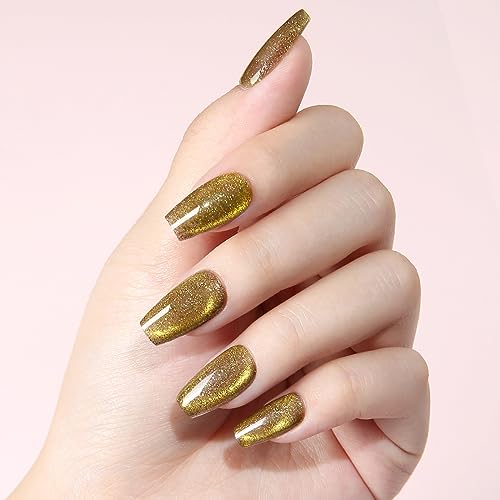 Press On Nails Reusable Handmade CatEye Sparkle Manicure Glitter Effect Custom Nail Medium Coffin Retro Green 10Pics With Professional Nail Kit (M) - Image 9