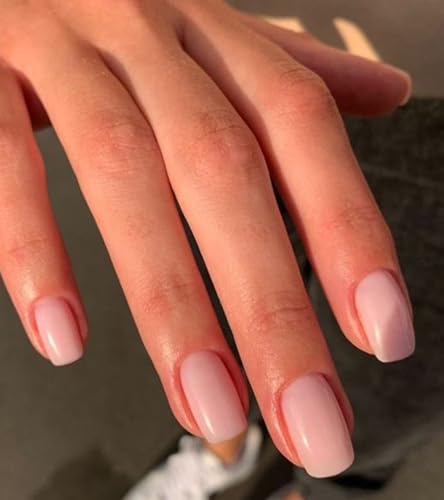 Press On Nails Short - Aegenacess Square Press On Nails, Jelly Pink Stick On Nails, Semi-Transparent Glue On Nails with Stickers, Solid Color Fake Nails in 12 Size - 24PCS False Nail Kit
