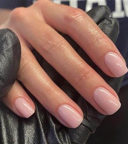 Press On Nails Short - Aegenacess Square Press On Nails, Jelly Pink Stick On Nails, Semi-Transparent Glue On Nails with Stickers, Solid Color Fake Nails in 12 Size - 24PCS False Nail Kit - Image 5