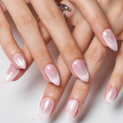 Press on Nails Short Almond, GLAMERMAID Handmade Rainbow Nude Pink Cat Eyes Gel Nails Polish Glue on Nails, 30Pcs Glossy Reusable UV Finish Fake Nails Acrylic False Nails Manicure Kit for Women Gift