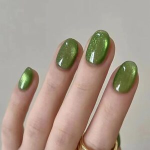 Press on Nails Short Almond MABKJLF Fake Nails Full Cover Aurora Green Glue on Nails Glossy False Nails with Nail Glue Glitter Acrylic Nails Cute Manicure Artificial Nails for Women Girls 24Pcs