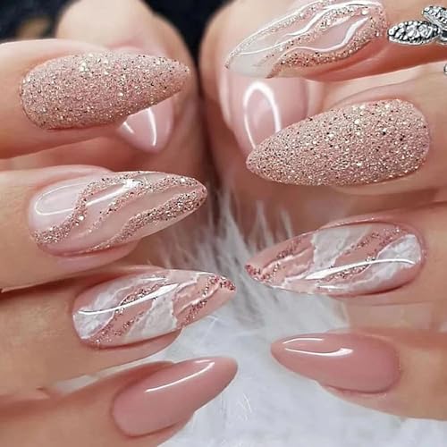 Press on Nails Short Bling Glitter Fake Nails Almond Acrylic Nails Nude Full Cover Nails Press ons Swirls False Nails White Lines Glue on Nails Glossy Stick on Nails for Women 24Pcs
