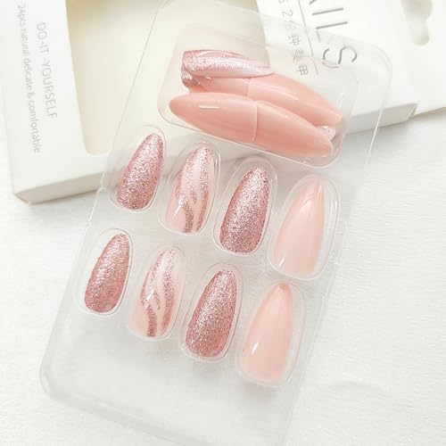 Press on Nails Short Bling Glitter Fake Nails Almond Acrylic Nails Nude Full Cover Nails Press ons Swirls False Nails White Lines Glue on Nails Glossy Stick on Nails for Women 24Pcs - Image 3