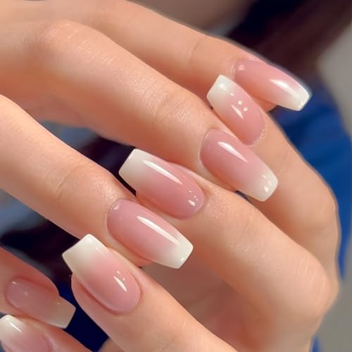 Press On Nails Short Coffin Nude Pink Ombre 24 Pcs False Nails Acrylic Ballerina Artificial Nails Prep Kit